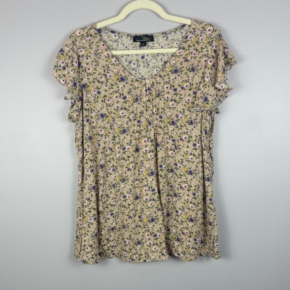 Suzanne Betro Tan Delicate Floral Pattern Soft Ruffled Short Sleeve Blouse - Picture 2 of 8